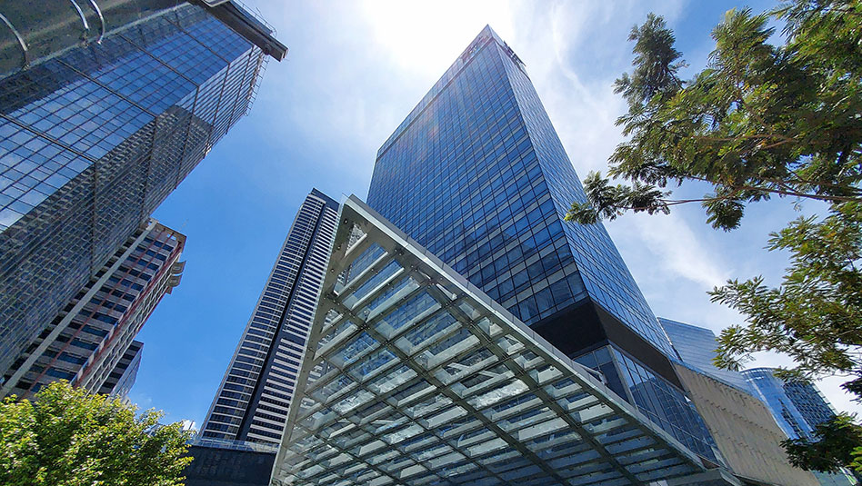 Philippine Stock Exchange building with triangular awning at Bonifacio Global City