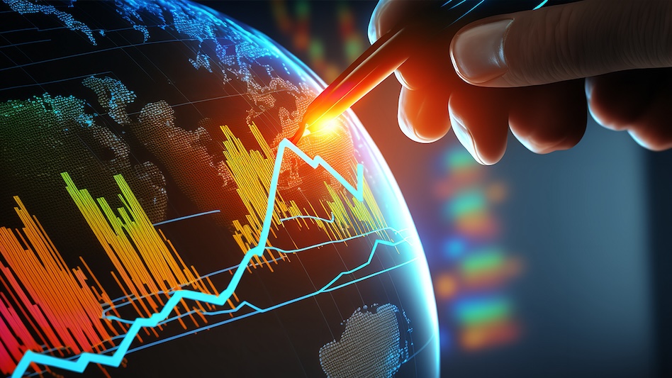 Hand with pen tracing a line graph on a globe