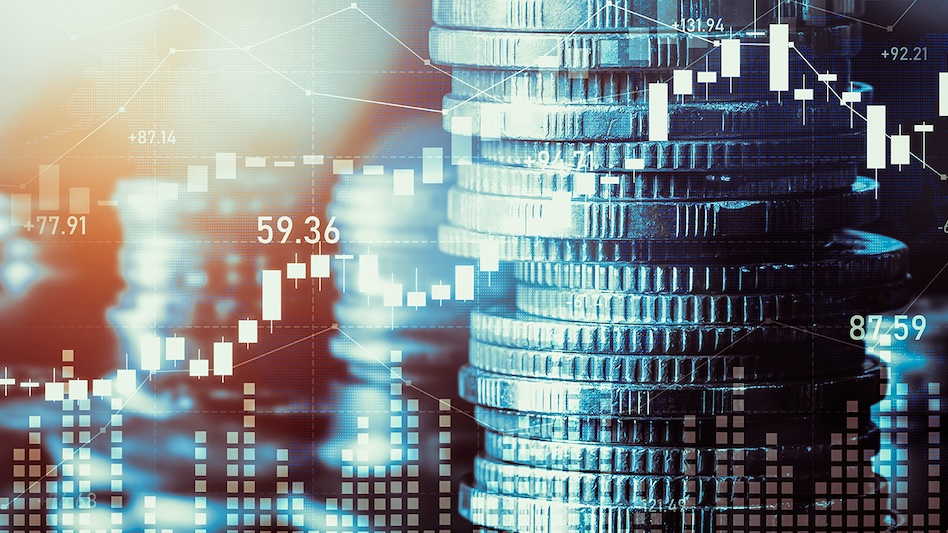 Coins with superimposed image of line and bar graphs