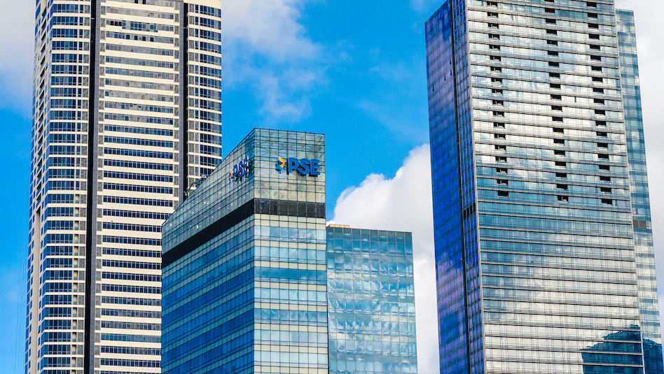 Bonifacio Global City, Taguig, Metro Manila - Aug 2020: Left to right: A high end condominium, Philippine Stock Exchange Building and Shangri-La