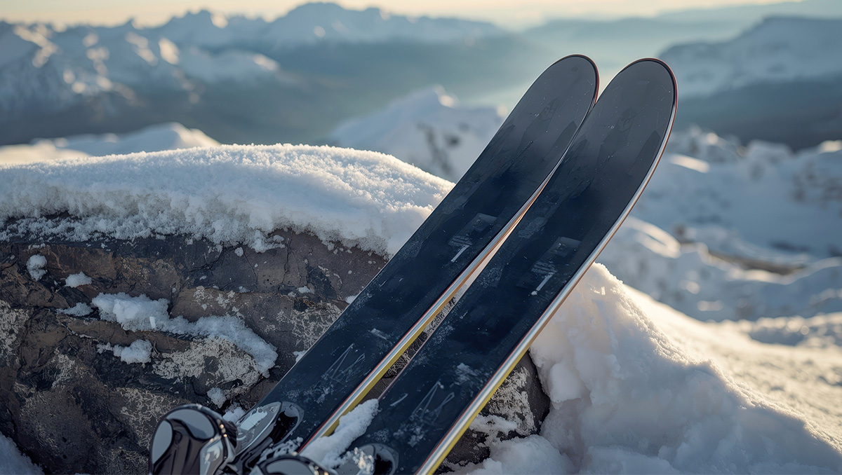 A pair of skis on a rock with snow
